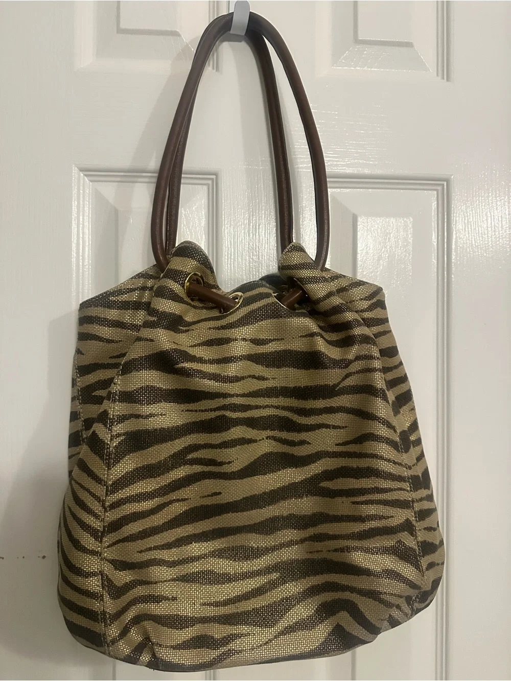 Michael Kors Zebra Print Large Tote Shoulder Bag – Brown/Gold